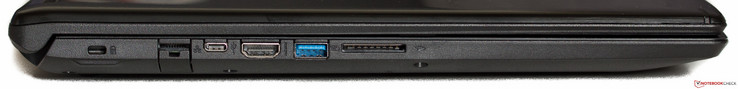 left: Kensington lock, RJ45 (Ethernet), USB 3.1 Gen. 1 Type-C, HDMI, USB 3.0 Type-A, SD card reader
