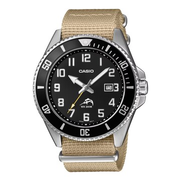Casio Duro MDV106C-9AV dive watch with a black dial, bold Arabic numerals, black bezel, stainless-steel case, tan fabric strap, and matching yellow seconds hand.