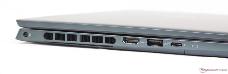 Left: AC adapter, HDMI 2.0, USB-A 3.2 Gen. 1, USB-C w/ Thunderbolt 4 + DisplayPort + Power Delivery