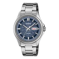 Casio MTP-E740-2A1V featuring a navy blue translucent dial.