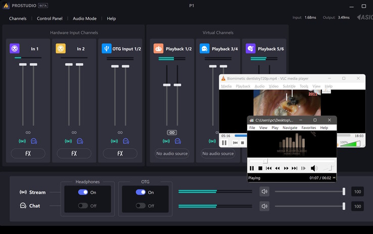Virtual routing example - Two virtual PC audio sources with XLR mic input mixed into a combined output.