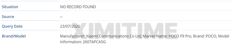 GSMA IMEI database listing of the Poco F9 Pro.