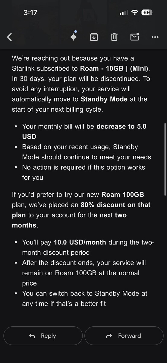 Starlink will turn $10 Roam plan into Standby Mode. (Image source: silvertricl0ps/Reddit)
