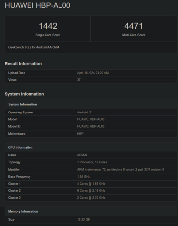 HiSilicon Kirin 9010 Geekbench 评分（图片来自 Geekbench）