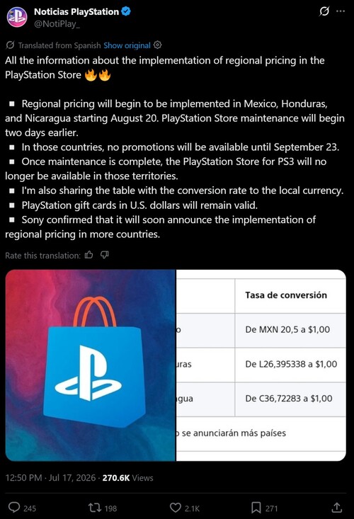 Translated Latin American PlayStation Store pricing announcement shown