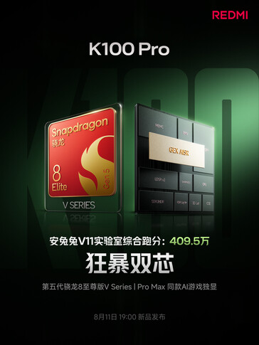 The Redmi K100 Pro features the Snapdragon 8 Elite Gen 5 V Series chipset.