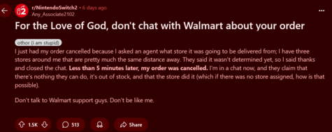 Walmart canceled Switch 2 pre-order testimonial#2 (Image source: screenshot, Nintendo Switch 2 subreddit)