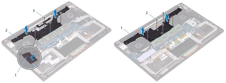 From left-to-right: A look at the heatsink in the XPS 15 7590 compared to the one in the XPS 15 9570. (Image source: Dell Support)