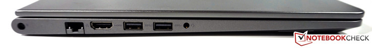 Left side: power-in, LAN, HDMI, 1x USB 3.0 with PowerShare, 1x USB 3.0, audio combo