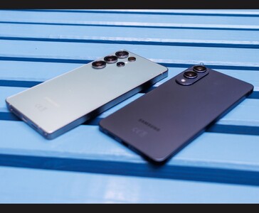 Samsung Galaxy S25 Ultra and Galaxy S25 Edge placed side by side on a blue bench, highlighting their camera modules and slim metal builds (Image source: Notebookcheck)