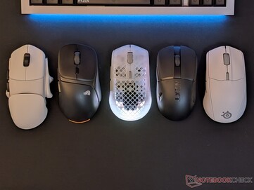Orbital Pathfinder, Glorious Model D3 Wireless, Aerox 3 Wireless Gen 2, NZXT Lift Elite, SteelSeries Rival 3 Wireless Gen 2 (left to right).