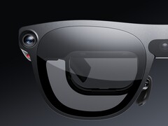 Close up of Xreal Aura glasses showing camera and micro-OLED display. 