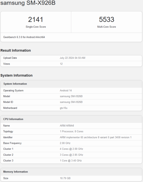 Samsung Galaxy Tab S10 Ultra Geekbench listing (image source: Geekbench)