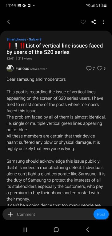 Users complaining about Galaxy S20 Plus display issues on Samsung Members (image via own)