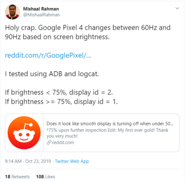 Pixel 4's refresh rate is dependent on the brightness setting. (Source: Mishaal Rahman on Twitter)
