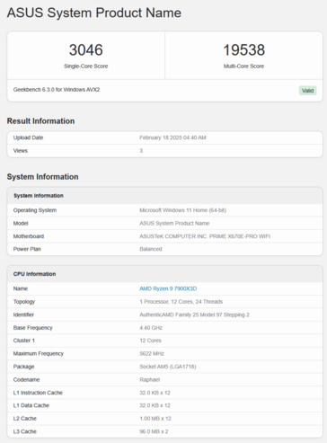 Ryzen 9 7900X3D Geekbench (image source: Geekbench)