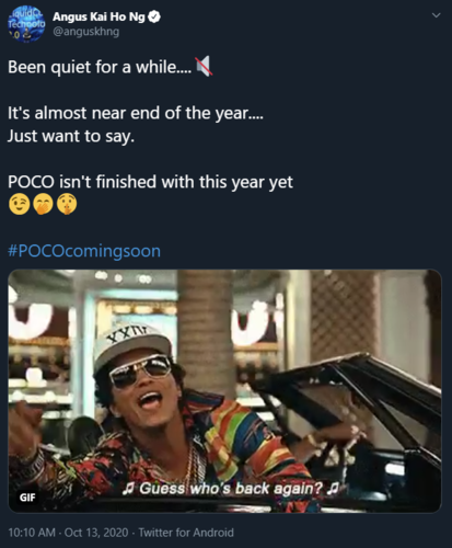 A new Poco smartphone is coming soon, and it will be arriving before the end of the year. (Image source: Twitter)