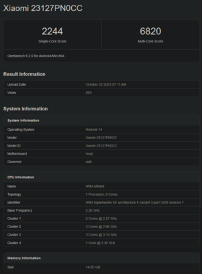 Snapdragon 8 Gen 3 Geekbench score (image via Geekbench)