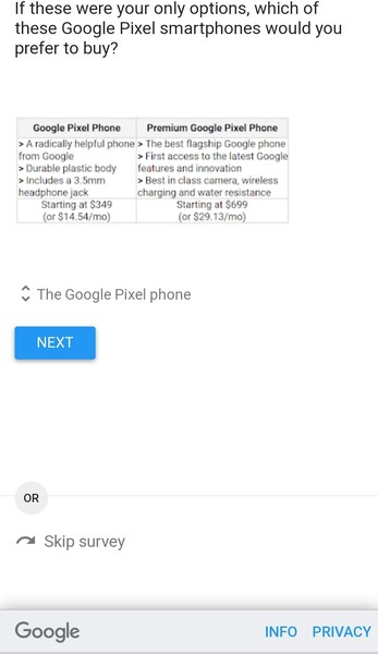Google Opinion Rewards Survey seems to indicate a choice between the Pixel 4a and the Pixel 5. (Image Source: Imgur via u/Pop-Quiz_Kid on Reddit)