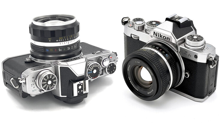The NONIKKOR-MC 35 mm F1.4 in 1960's (left) and 1980's trims attached to the Nikon Z fc. (Image source: ArtraLab)