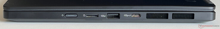 Right: Power button, microSD card reader, USB-A 3.2 Gen.2 (10 Gbit/s), USB-C 4.0 (40 Gbit/s, DisplayPort Alt mode 1.4, Power Delivery 3.0)