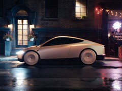 Tesla Cab parked on a wet city street at night, featuring a sleek, futuristic design with covered wheels. (Image source: Tesla)