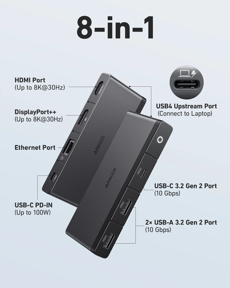 The new Anker 556 USB-C Hub (8-in-1, USB4). (Image source: Anker).