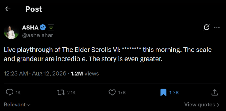 Asha Sharma has played The Elder Scrolls VI
