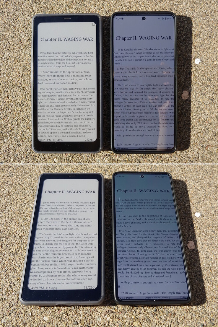 Kaleido vs OLED (~1,200 nits). Direct afternoon sunlight.