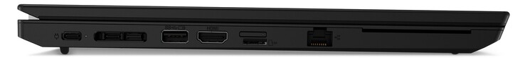 Left side:1x USB-C 3.2 Gen 2 (power supply), 1x USB-C 3.2 Gen 1, docking port, USB-A 3.2 Gen 2, HDMI 2.0, nano SIM slot (top, optional), microSD card reader (bottom), Gigabit LAN, smart card reader (optional)