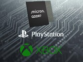 PlayStation and Xbox logos seen underneath Micron GDDR7 DRAM (Image source: Micron, Sony PlayStation, Xbox Gaming with edits)
