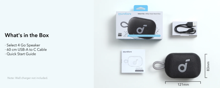 The in-box contents for the Soundcore Select 4 Go Speaker. (Image source: Soundcore Amazon / u/joshuadwx via r/Anker subreddit)