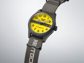 Close-up of the Seiko 5 Sports Field x Honda Motocompo Limited Edition highlighting the yellow dial, Honda logo, and engraved crown.