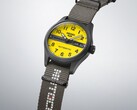 Close-up of the Seiko 5 Sports Field x Honda Motocompo Limited Edition highlighting the yellow dial, Honda logo, and engraved crown.