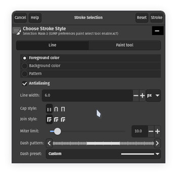 The new GIMP 3.0 stroke selection window has a refined UI with some new stroke options. (Image source: Julian van der Merwe / Notebookcheck)
