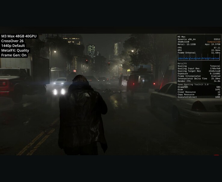 Resident Evil Requiem running on M3 Max Mac via CrossOver 26 at 1440p with MetalFX Quality and frame generation showing about 87 FPS.