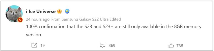Galaxy S23 RAM confirmation. (Image source: Weibo)