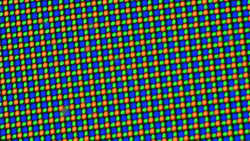The OLED display uses a RGGB subpixel matrix consisting of one red, one blue and two green light diodes.