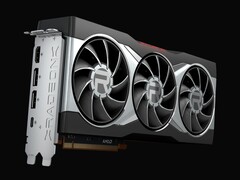 Close-up render of the AMD Radeon RX 6800 XT graphics card, featuring a triple-fan cooling design and silver shroud with prominent Radeon branding. (Image source: AMD)