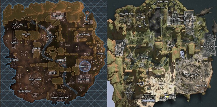 The leaked Apex Legends map (on the right) was accurate but incorrectly orientated. (Source: Metabomb/Reddit w/edit)