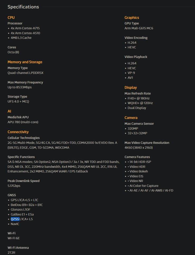 MediaTek Dimensity 8300 specifications (image via MediaTek)