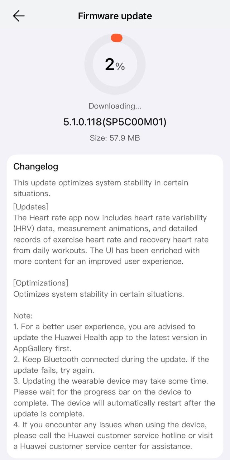 The release notes for software version 5.1.0.118 for the Huawei Watch Fit 4 Pro. (Image source: u/Cakerist via Reddit)