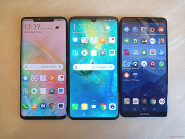 Left to right: Mate 20 Pro, Mate 20, Mate 10 Pro. Note that the Mate 20 Pro is visibly narrower than the rest