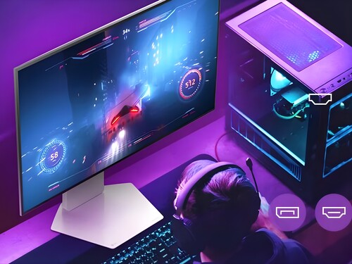 32-inch 4K LG OLED 32GS95UV monitor shown in gaming setup (Image source: LG with edits)