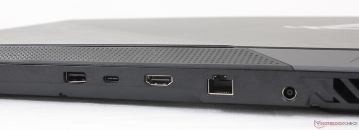 Left: USB-A 3.2 Gen. 1, USB-C 3.2 Gen. 2 w/ DisplayPort and Power Delivery, HDMI 2.0b, Gigabit RJ-45, AC adapter