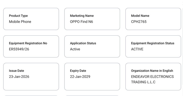 The Oppo Find N6 appears on TDRA. (Image source: TDRA)