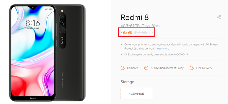 The Redmi 8 now costs ₹9,799. (Image source: Xiaomi)