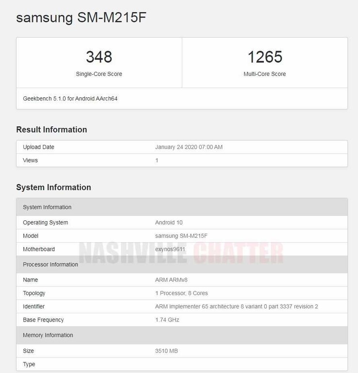 The "Galaxy M21" on Geekbench. (Source: Geekbench 5 via NashvilleChatter)