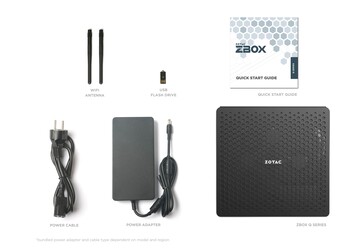 The ZBOX QTG7A4500, its box and its accessories as standard. (Source: ZOTAC)
