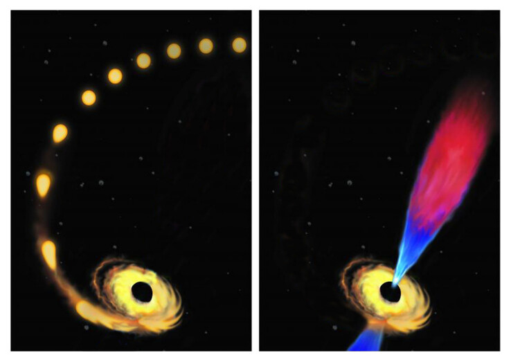 An artist's illustration showing the destruction of a star by a black hole.